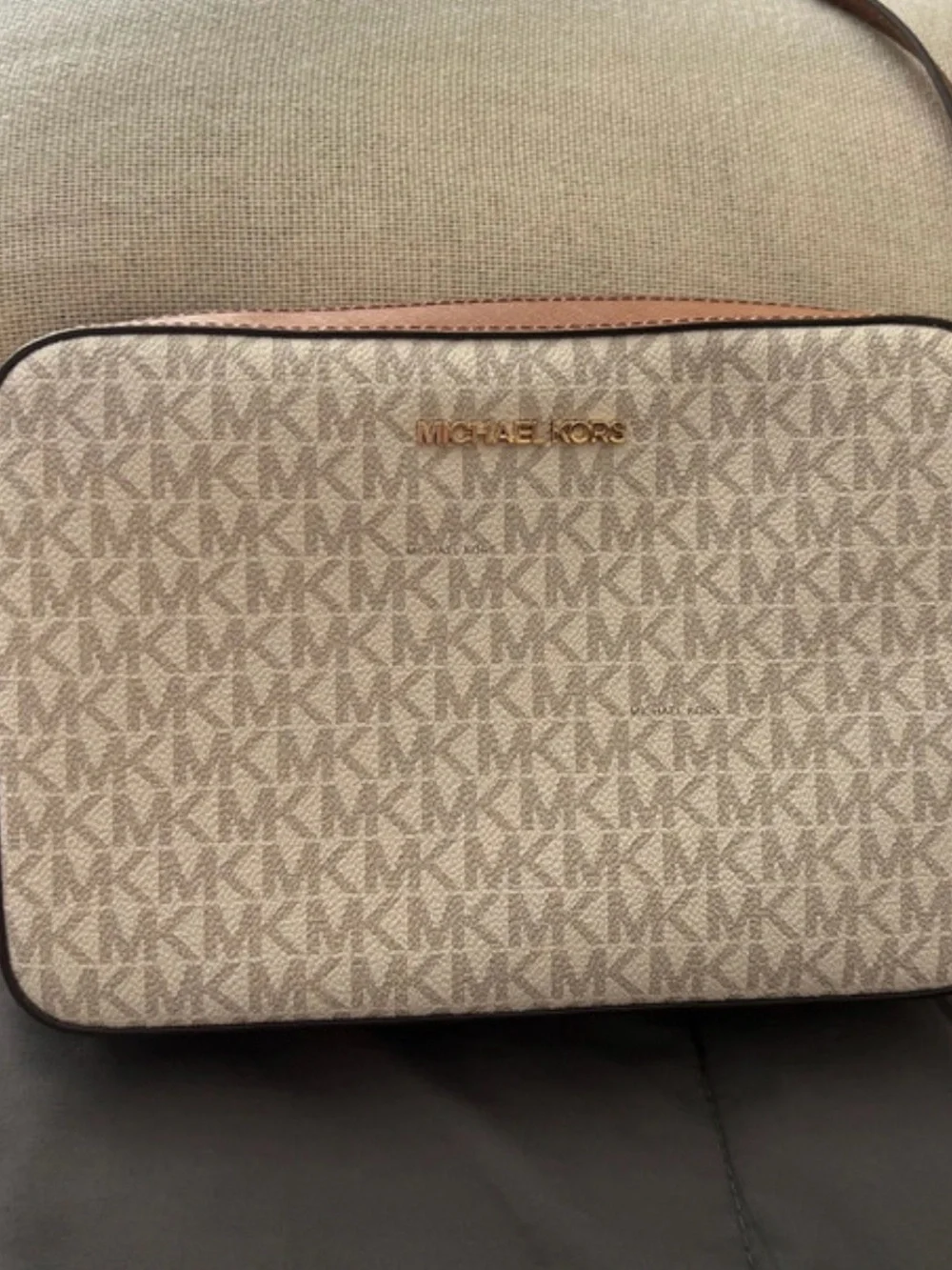 Michael Kors women Beige MK Logo Messenger Bag with Tan Trim